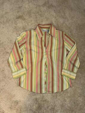 Millennium Stretch Vintage Striped Button-Down Shirt in Pink, Green & Yellow